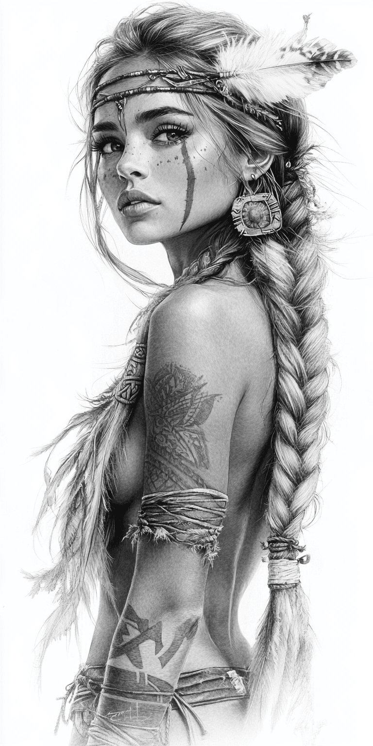 AI generated: black and white drawing of a Viking warrior woman with braided hair, wearing war paint on her face, ...