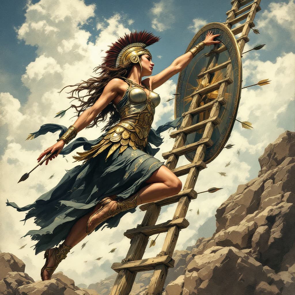 AI generated: Female Greek hoplite falling off a tall ladder, full of arrows
