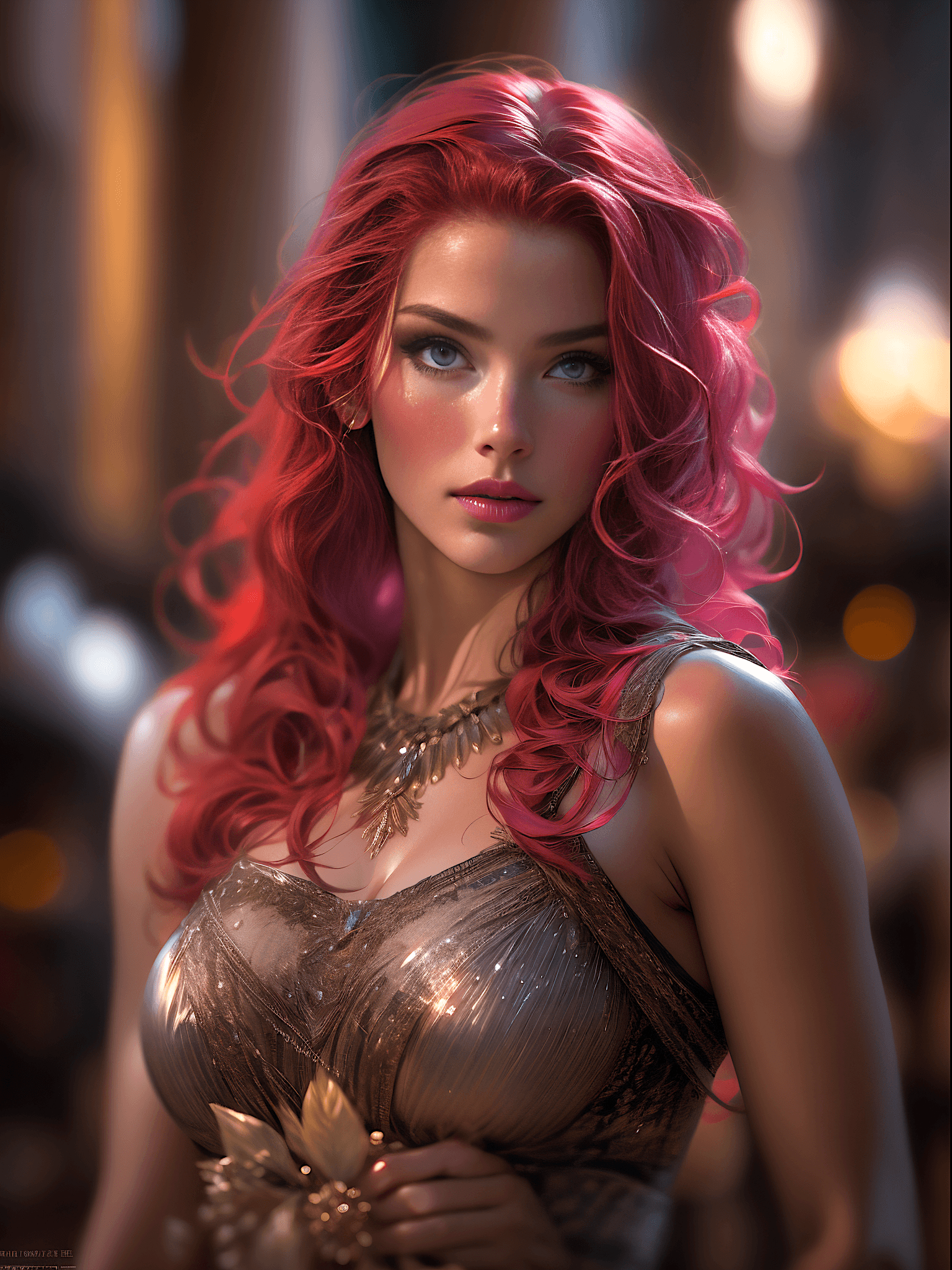 AI generated: Photo of a beautiful greek goddess, RAW, ((red hair with extra long wavy), ((portrait)), (Detailed f...