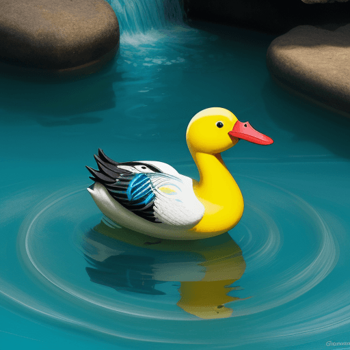 AI generated: pato amarelo, na agua azul pálido, estilo picasso