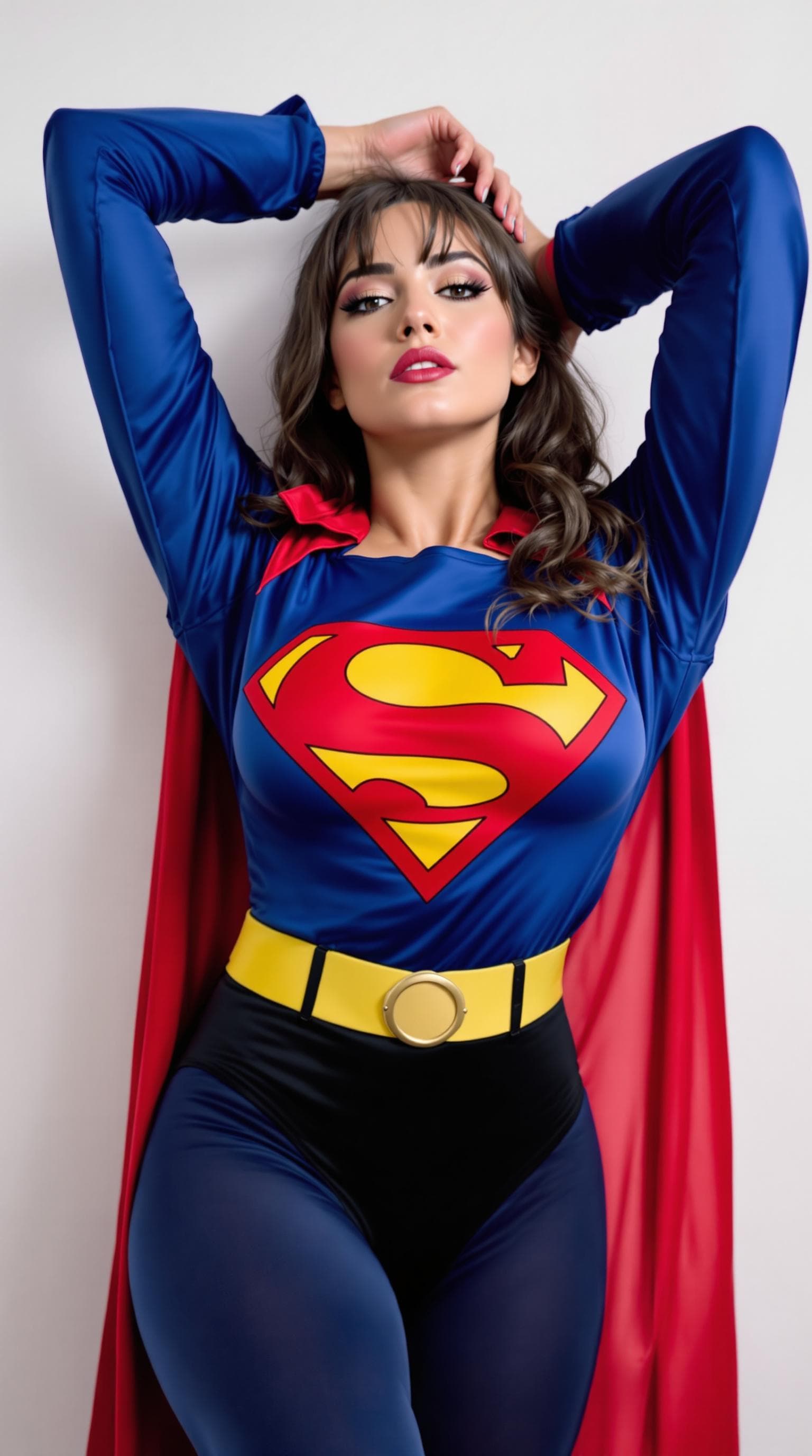 AI generated: a woman in a superman costume posing for a picture with her hands on her head and her shirt open, Co...