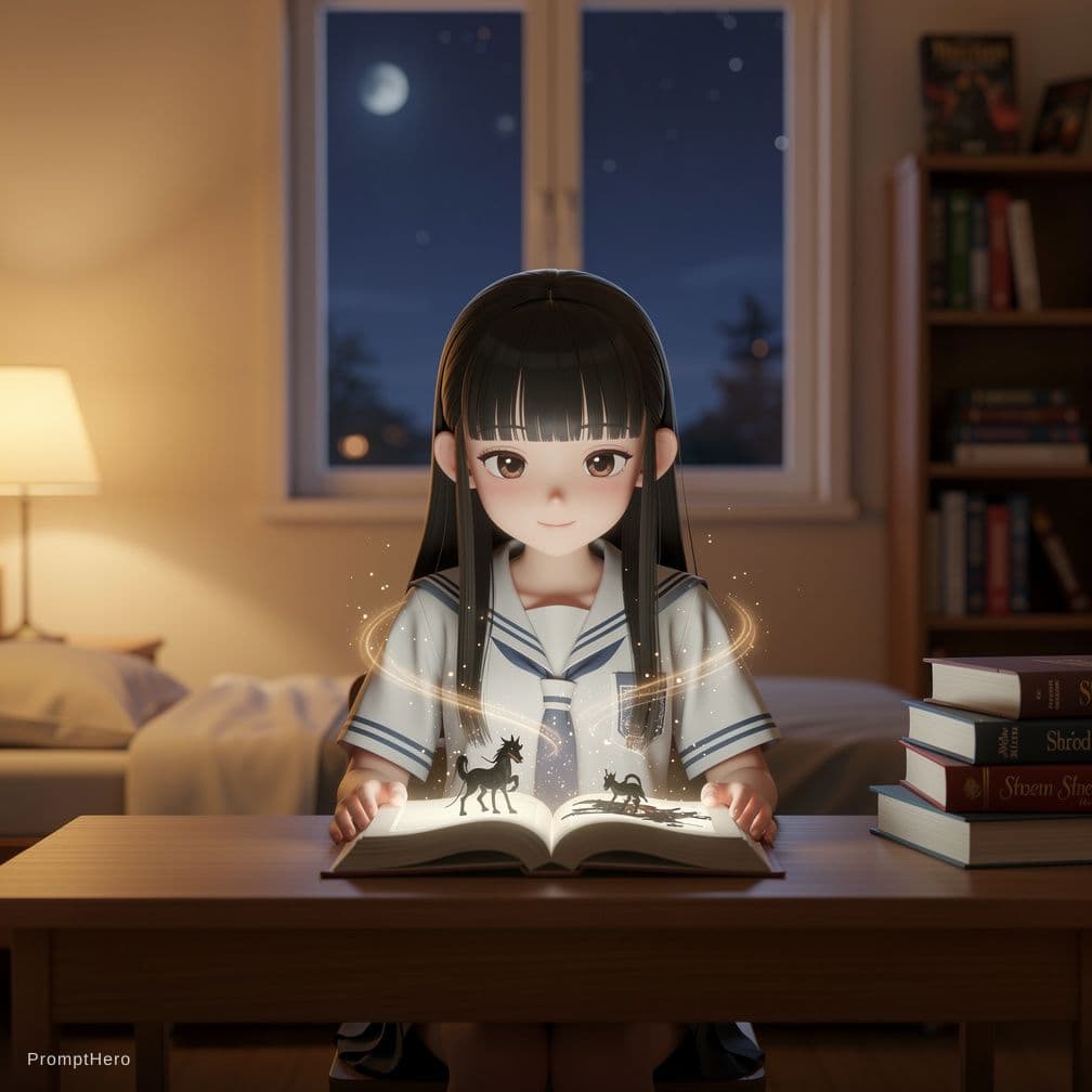 AI generated: a 14-year-old Vietnamese school girl, long black hair, sitting at a wooden desk reading a glowing fa...