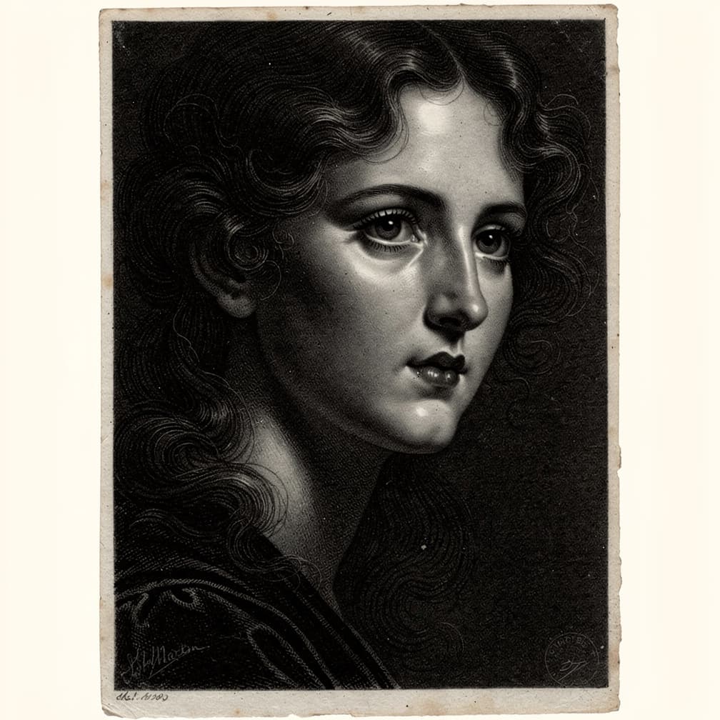 AI generated: "close-up mezzotint portrait of a mysterious woman in shadow, luxurious velvety blacks, delicate ton...