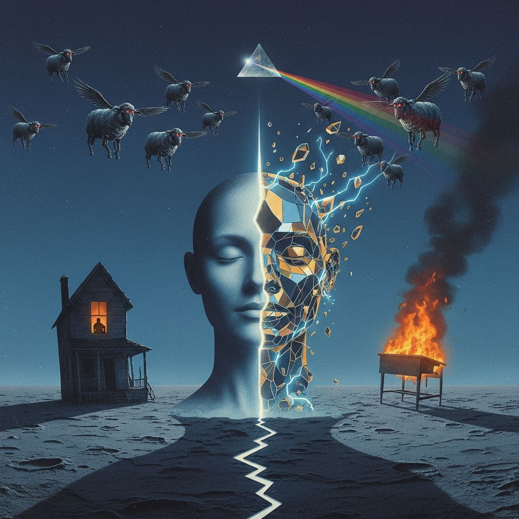 AI generated: A chaotic, surreal, and illogical scene inspired by Pink Floyd's '70s album art. At the core of the ...