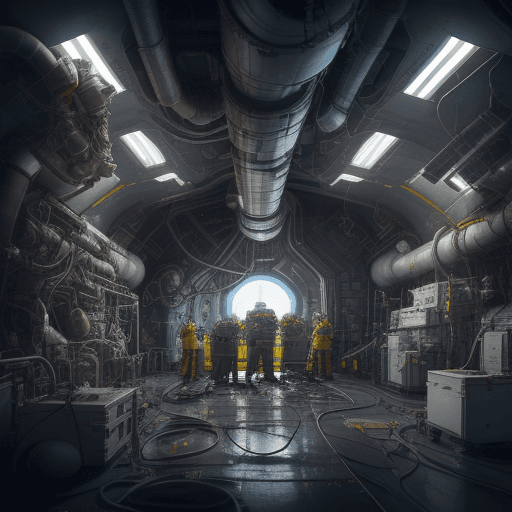 AI generated: Engine room in a spaceship where technicians are busy following a very serious damage, sparks and sm...