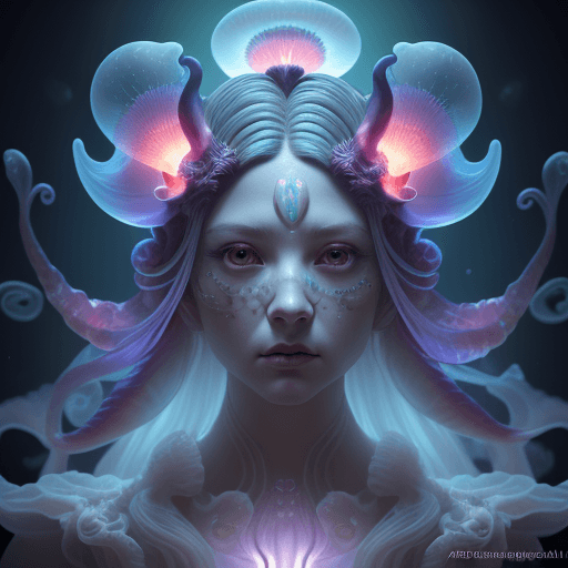 AI generated: Goddess close-up portrait ribcagel. jellyfish phoenix head, nautilus, orchid, skull, betta fish, bio...