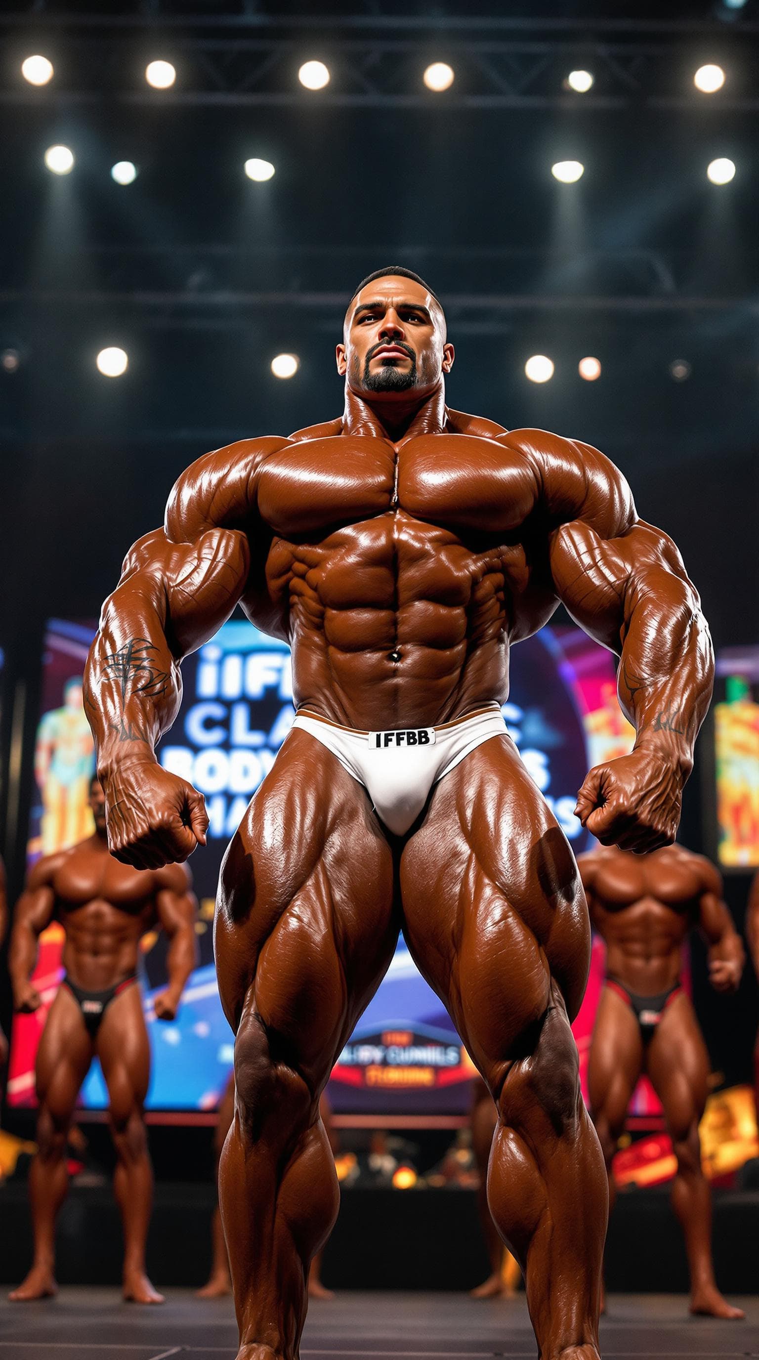 AI generated: A massive, ultra-muscular, handsome Brazilian IFBB pro bodybuilder in the heavyweight Classic Bodybu...