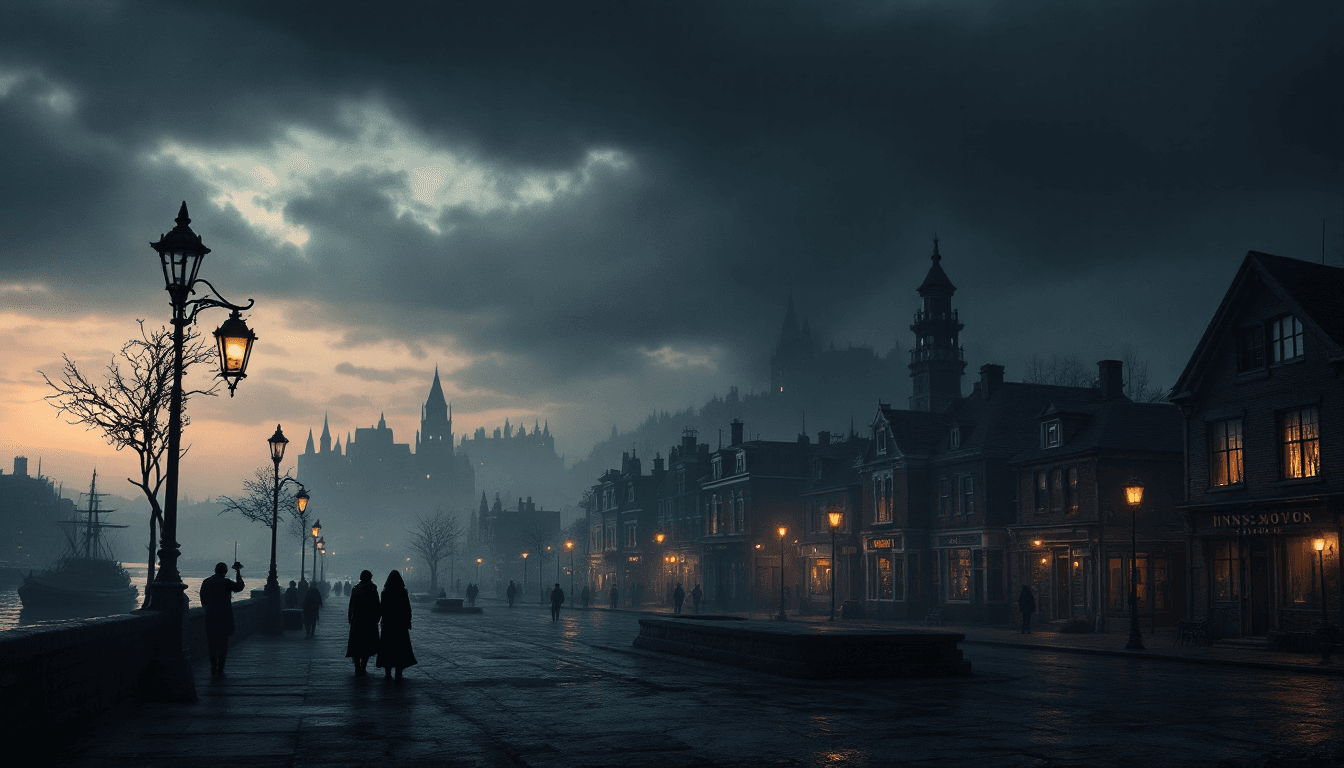 AI generated: Shadow over Innsmouth townscape, eerie atmosphere, a couple of Innsmouth inhabitants on the sidewalk...