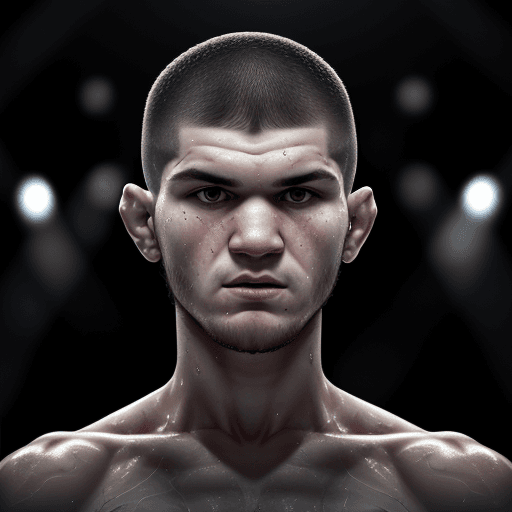 AI generated: Khabib Nurmagomedov UFC fighter, standing in the octagon, bottom view, sweaty, expression, high natu...