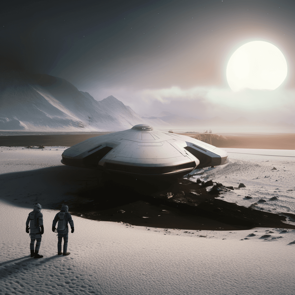 AI generated: Create a realistic 4K image of a gigantic spaceship abandoned in the middle of an icy, desolate land...