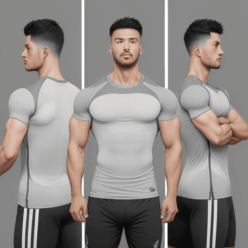 AI generated: three views of a unique design of a gray short sleeved training t-shirt, comfortable, loose and ligh...