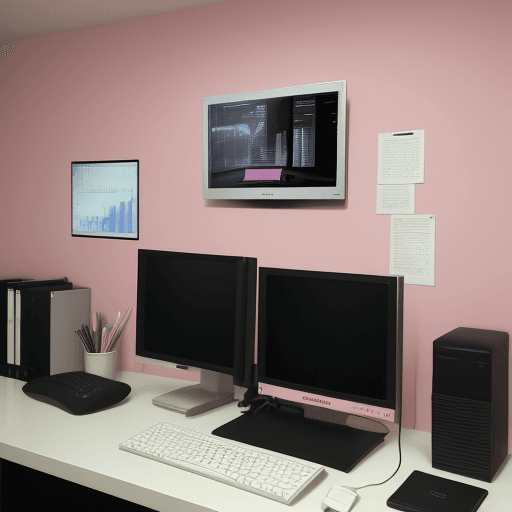AI generated: Realistic photo of a modern home office, Monitor display is complete pink, 