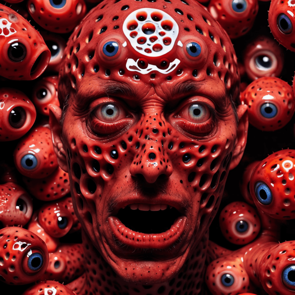 AI generated: entirely covered with many (((evil eyes))),Trypophobia, rotten, red, man