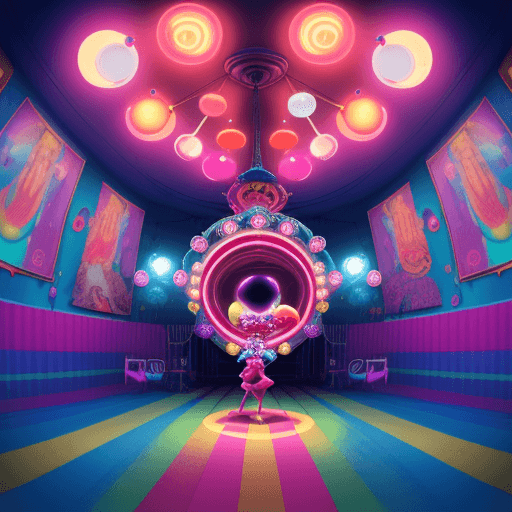 AI generated: Pomni, elevator, fisheye lens, vibrant circus-themed background, surreal lighting, neon colors, dyna...