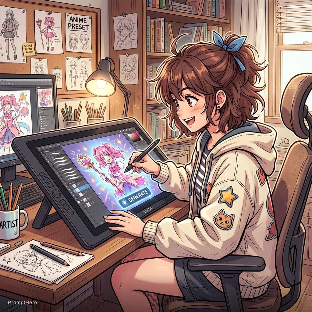 AI generated: Step 02：Select  
Step 02：Copy Prompt
Step 02: Paste prompt
Step 03: Preset :Anime
Step 04：Generate
