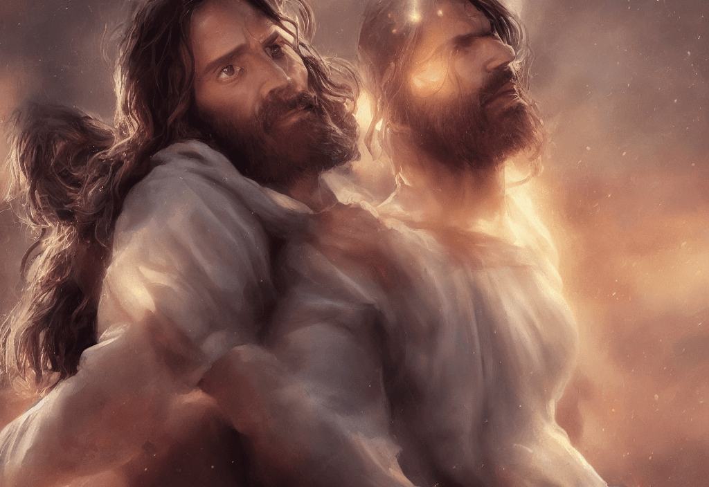 AI generated: jesus taking someone by his hand and walking towards the gates of heaven. ,handsome man, gorgeous fa...