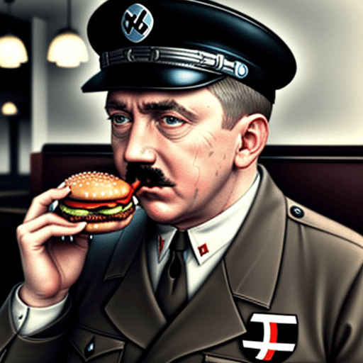 AI generated: Adolf Hitler eats hamburger in McDonalds