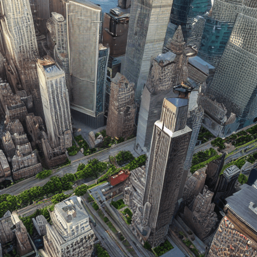 AI generated: high resolution photography, aerial view of a giant fish tank shaped like a tower in the middle of n...
