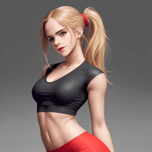 AI generated: A photo of Emma Watson, blonde, long hair, sporty high ponytail, wearing tight and sexy sportswear, ...