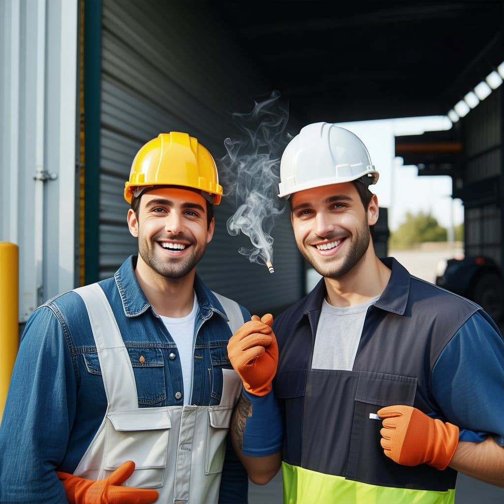 AI generated: two factory workers stand and look at the camera, smiling, smoking a cigarette at the factory gate

