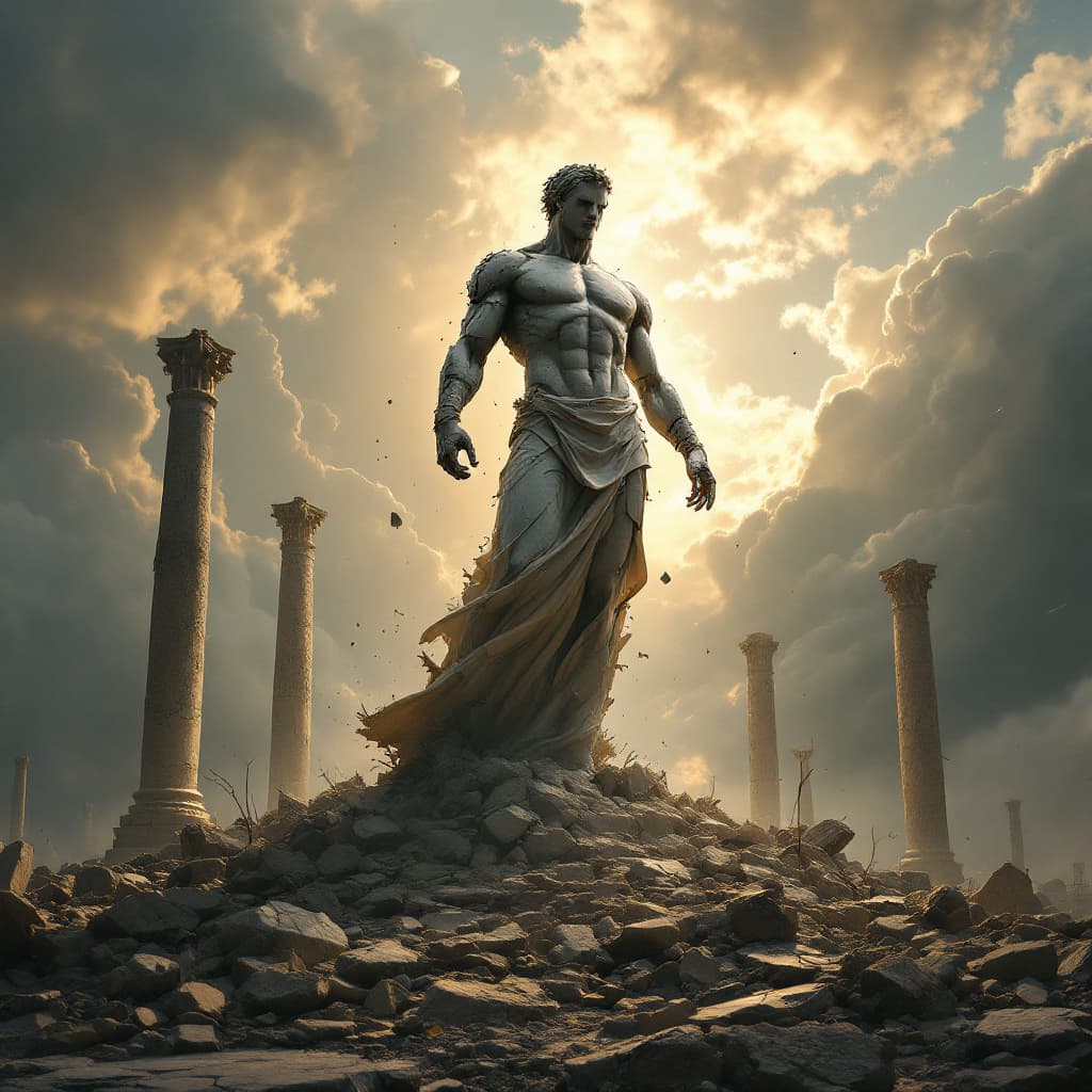 AI generated: A broken statue slowly reforming into a strong human figure amidst ruins, dramatic 3D reconstruction...