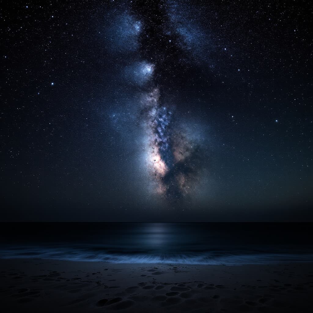 AI generated: The starry sky shines on the beach, with dark gray sand and shallow water in front of it. The Milky ...