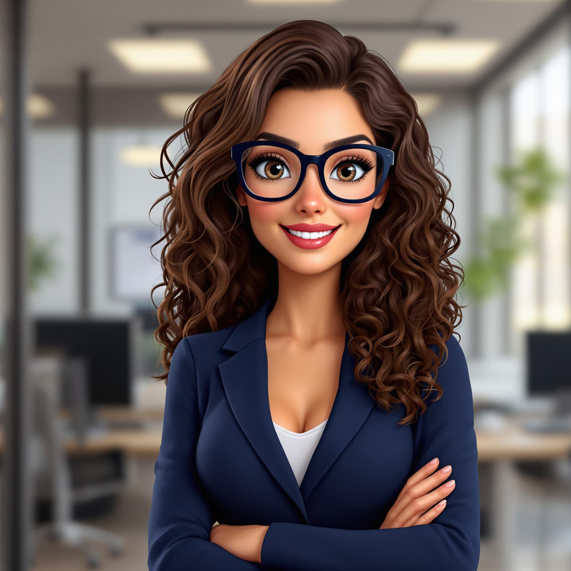 AI generated: A virtual avatar of an attractive woman in late forties with long extra curly brown hair and glasses...