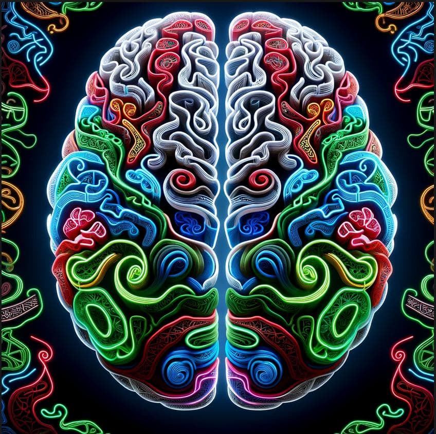 AI generated: Create an image showcasing the hemispheres of the human brain from a top view, where the brain's con...