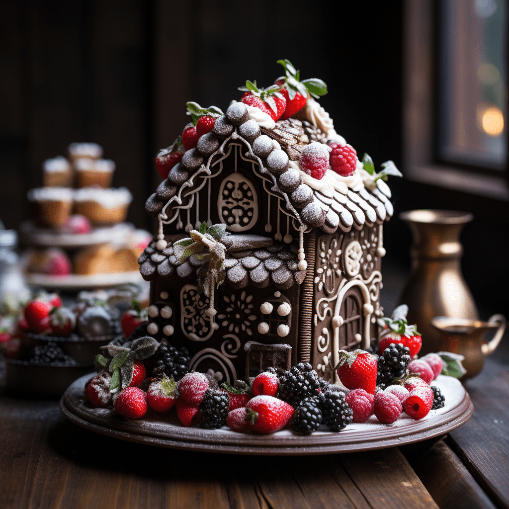 AI generated: a christmas gingerbread house, chocolate icing, frosting, fruits