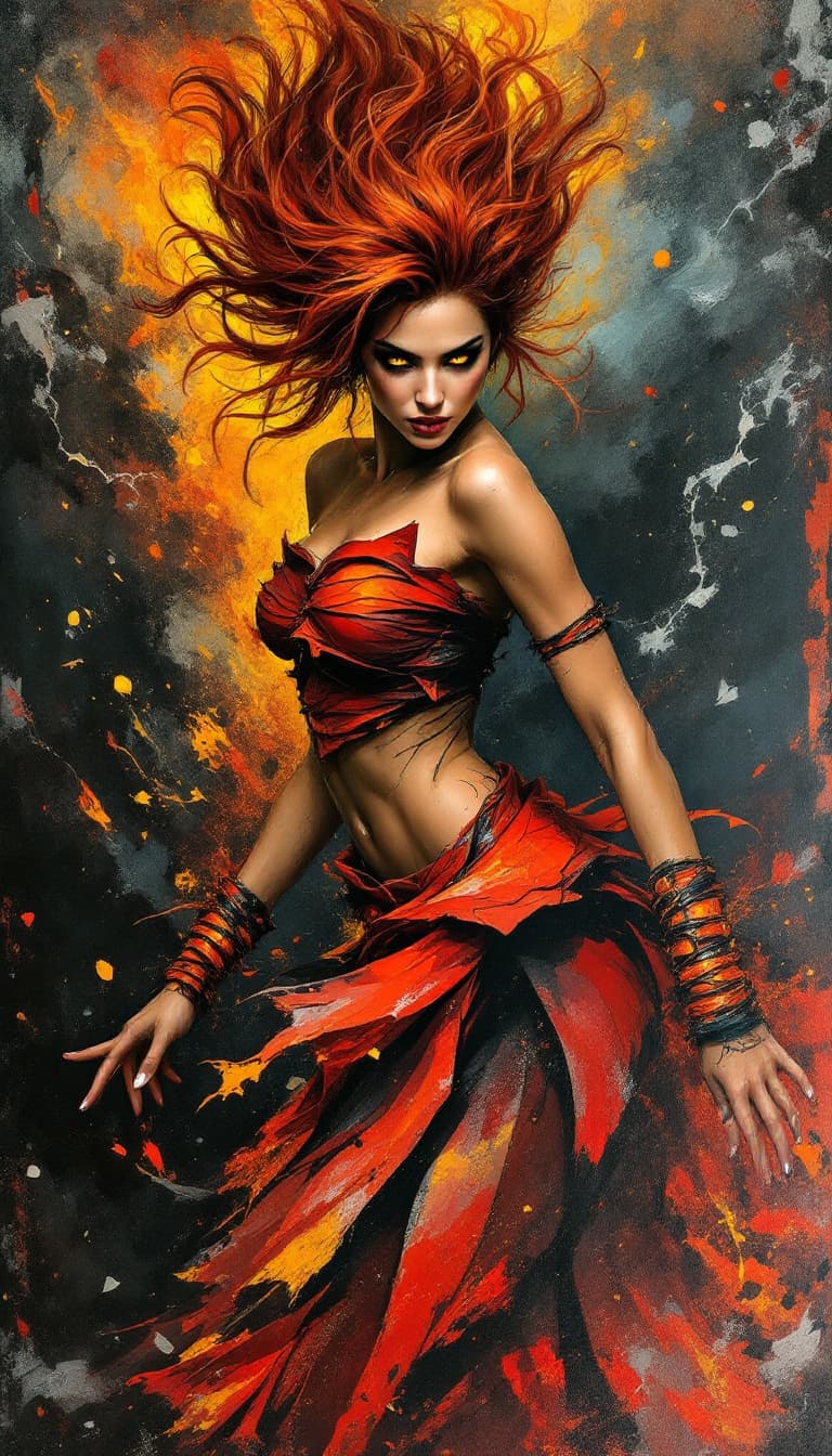 AI generated: "Volcanic Dancer in Ash and Ember": A dynamic abstract painting captures a dancer, displaying both g...