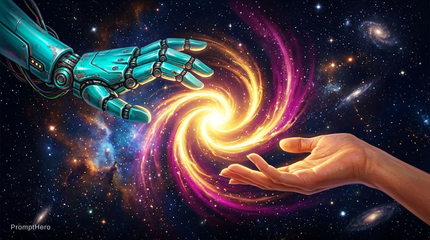 AI generated: 2 Hands. Hand 1: Robot hand, colour turquois metal, relaxed open palm downward. Hand 2: Human, femal...