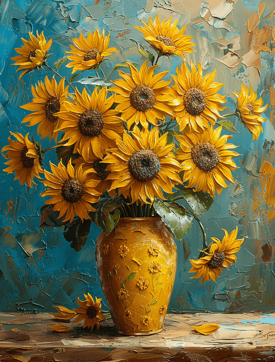 AI generated: an oil painting of many sunflowers in a yellow vase, in the style of 1000–1400 ce, 32k uhd, colorize...