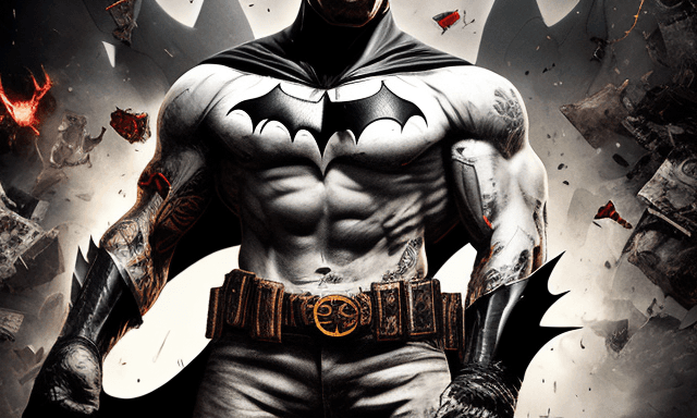 AI generated: Batman in destroyed style (hero strength and wonder) in a wonderland of madness. angry facial excori...