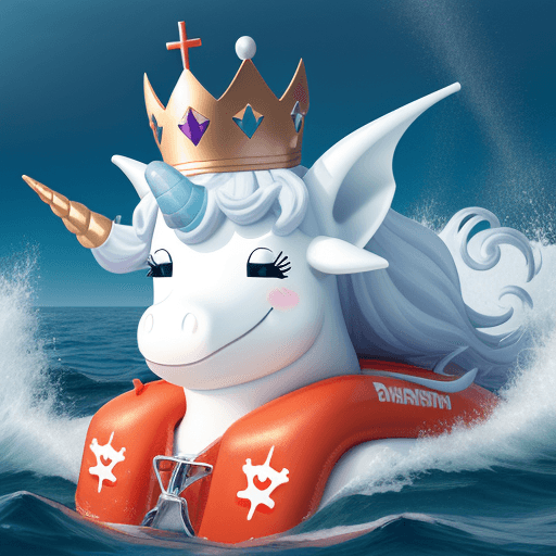 AI generated: sea unicorn, smiling, crown on head, in a big lifejacket, white background