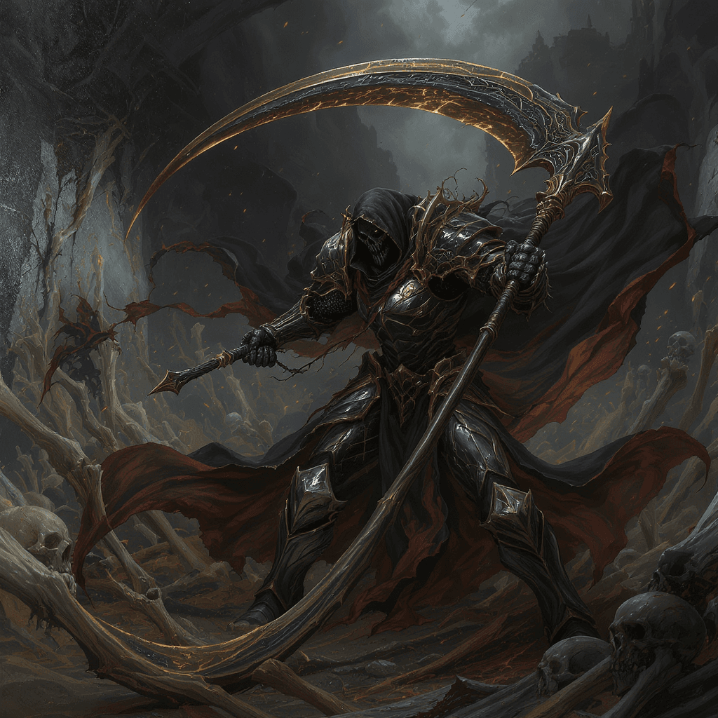 AI generated: painting in the style of a dark fantasy artist of the grim reaper fighting in full plate armor, swin...