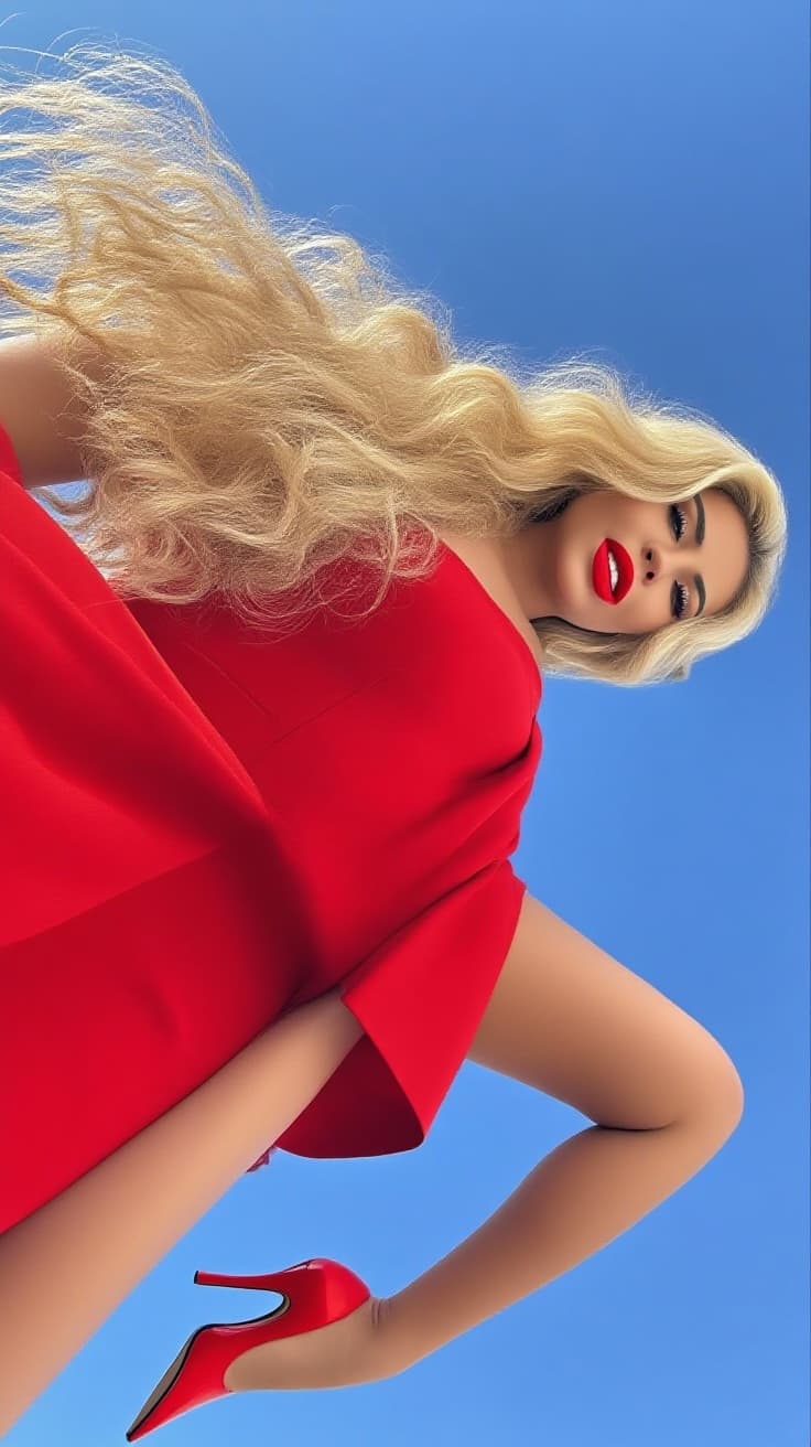 AI generated: A blonde woman with elegant, attractive curves, wearing bright red lipstick. She is dressed in a bea...