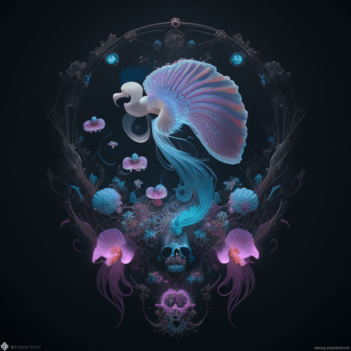 AI generated: bird+jellyfish phoenix head, nautilus, orchid, skull, betta fish, bioluminiscent creatures, intricat...