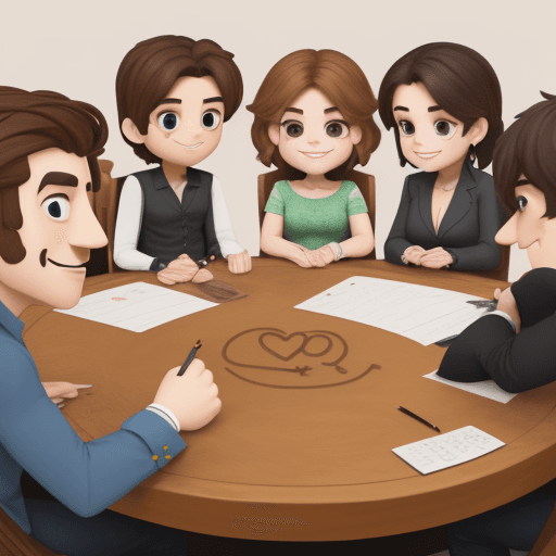 AI generated: dibuja 6 comensales (los comensales estan representados por emojis felices y tristes) en una mesa re...