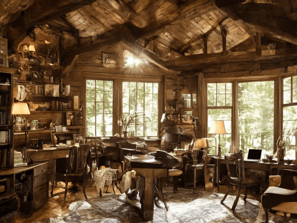 AI generated: cozy dark cottage home, interior, desk, cozy room, warm lighting, cozy clutter, windows, browns and ...
