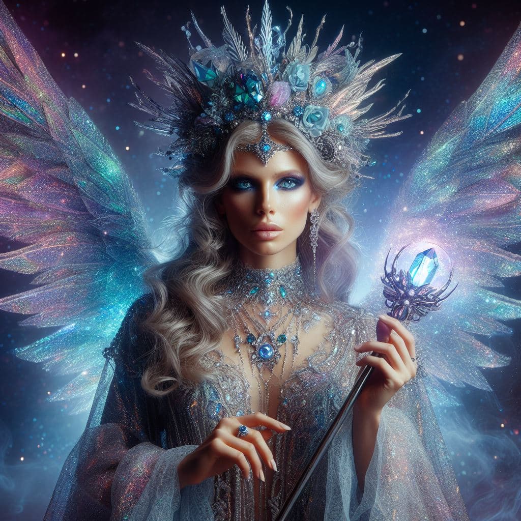 AI generated: Aetheria is a mystical being adorned in shimmering robes woven from stardust, with iridescent wings ...