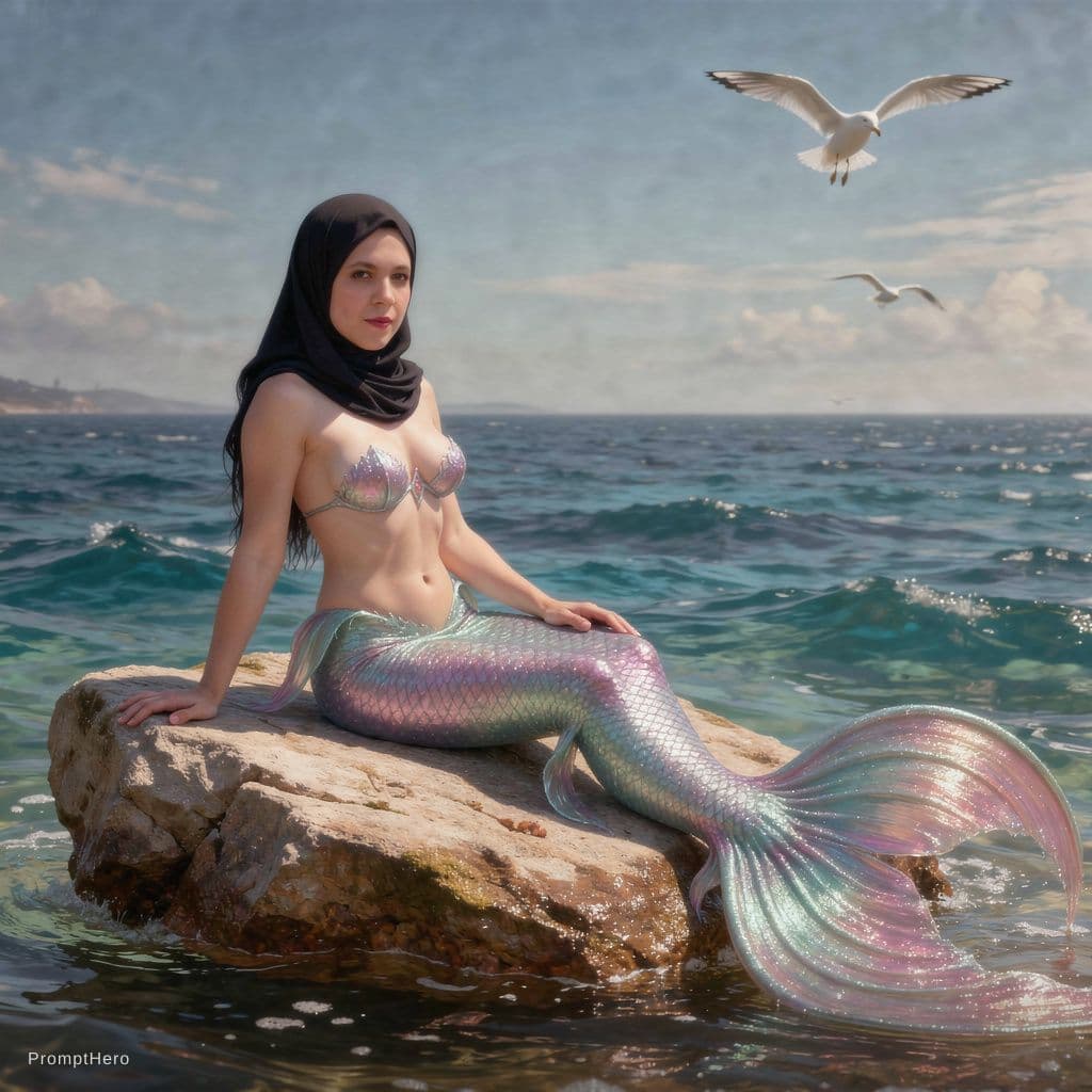 AI generated: siren, shimmering tail, curly red hair, sunning on a rock, azure sea, seagulls soaring, close up