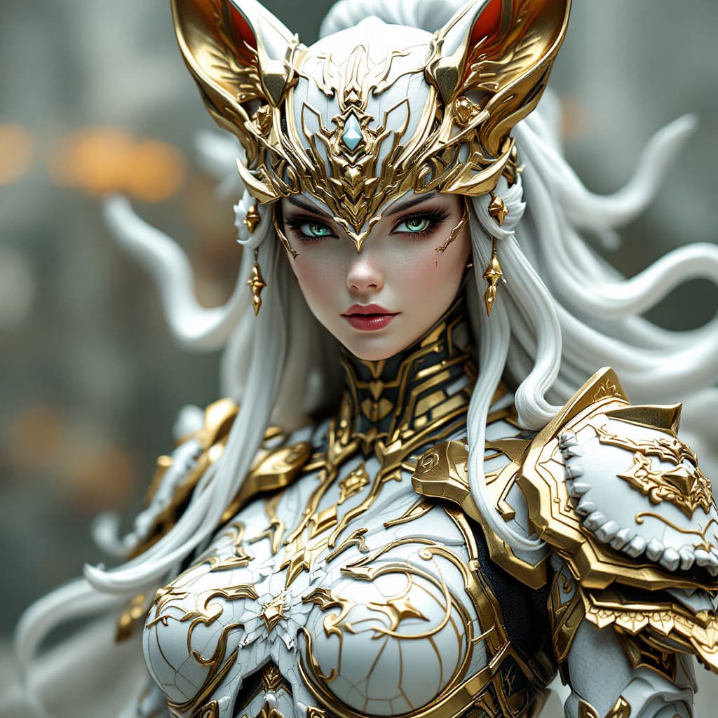AI generated: a close up of a statue of a foxy girl with a gold and white costume, super detailed render, 3 d rend...