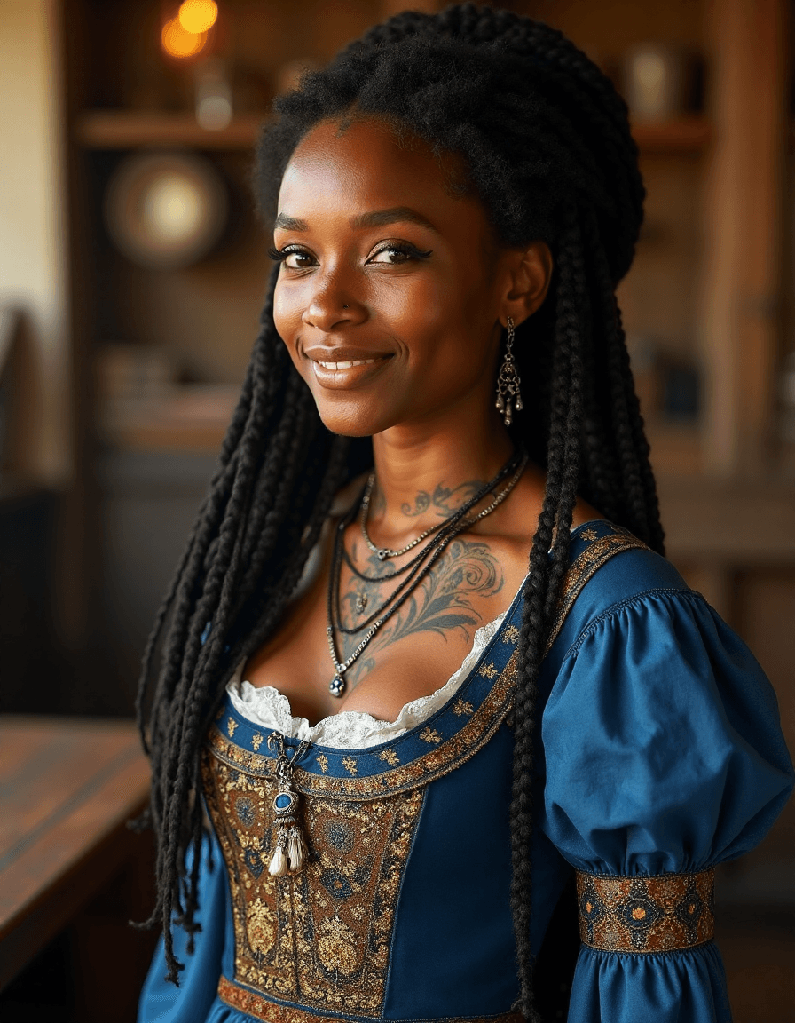 AI generated: a portrait photo of a black girl, smiling, tattoo, dreads, (folk dress:1.3), blue Ukrainian dress, [...