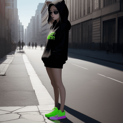 AI generated: masterpiece, girl alone, solo, incredibly absurd, black hoodie, headphones, street, outdoor, sunshin...