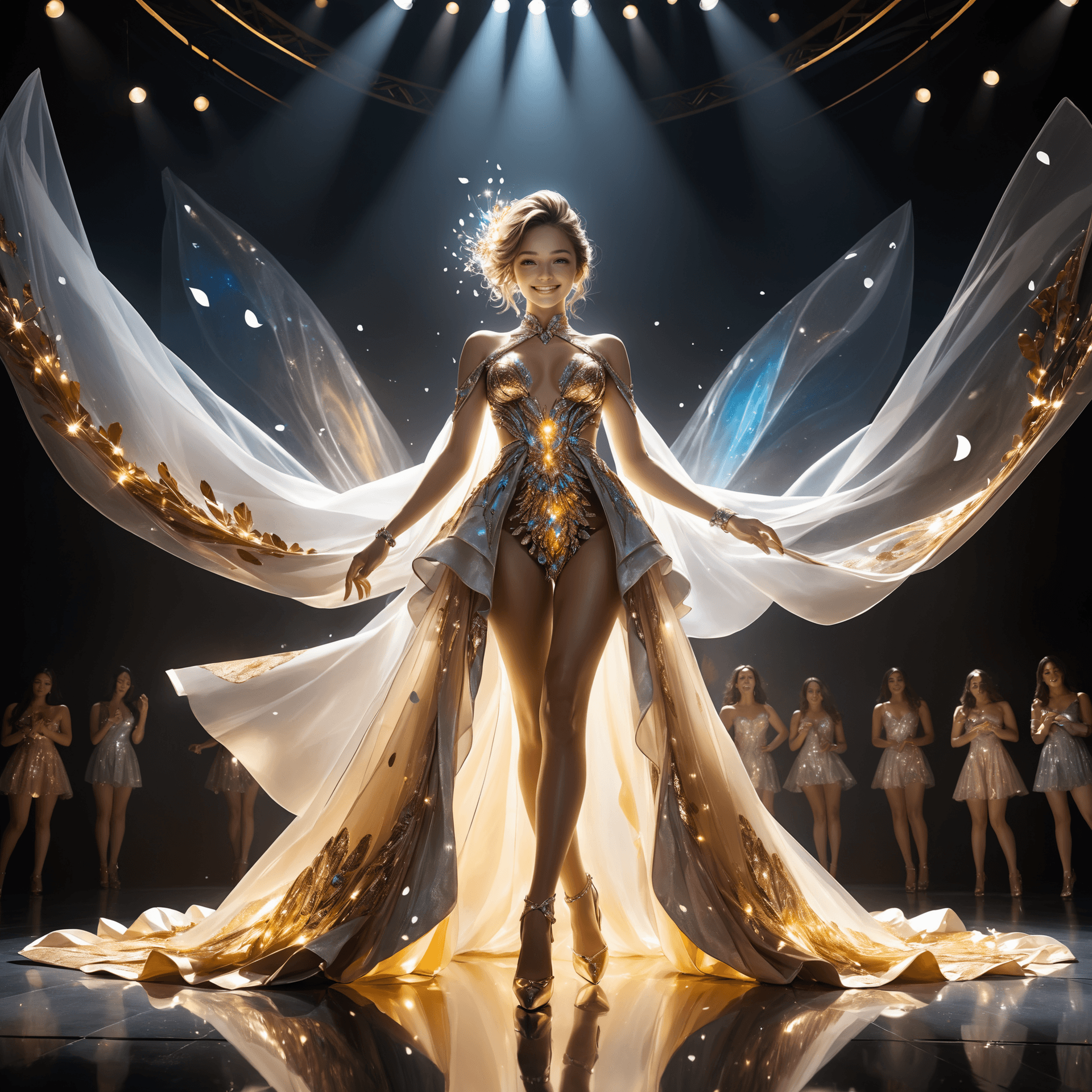 AI generated: Fashion show stage, official art, A lively world of magic, a magnificent and splendid suit adorned w...
