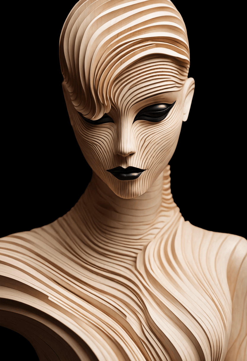 AI generated: The image features wooden sculpture of a black and white 3D of a woman's face, which appears to be a...