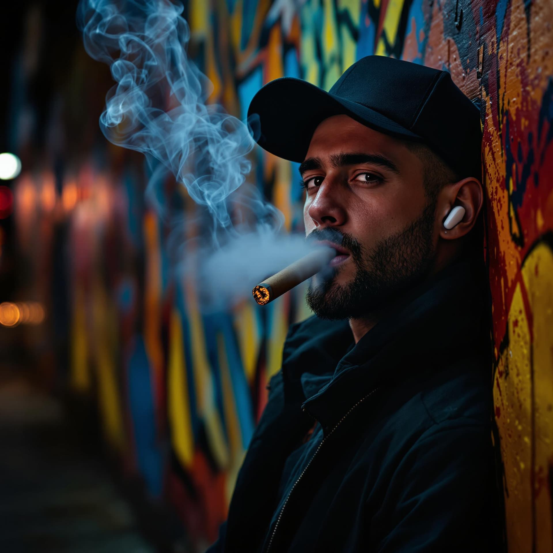 AI generated: Cinematic portrait of a confident man wearing a black baseball cap and a stylish urban jacket, with ...