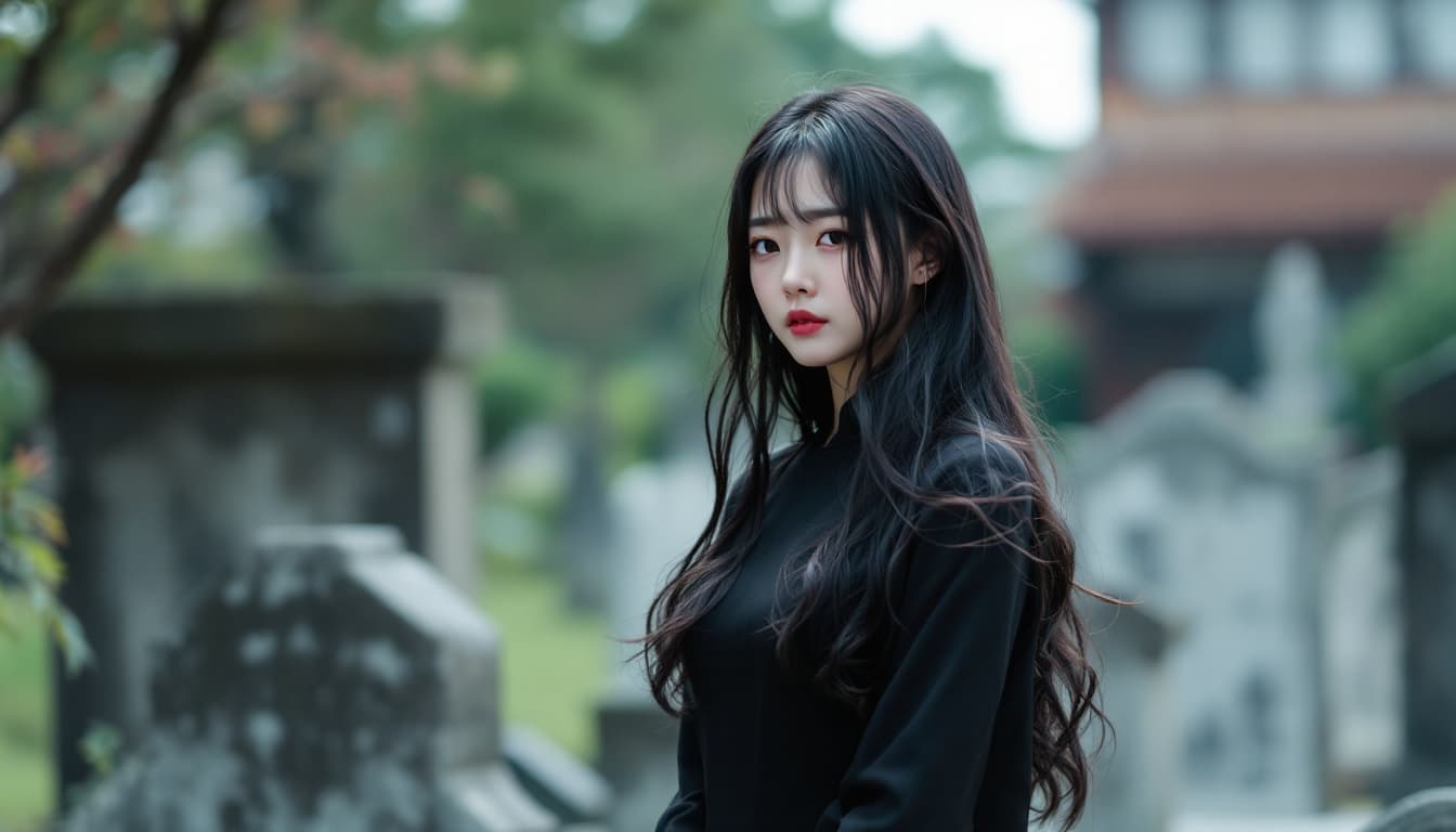 AI generated: Full body photo of Risa, a Japanese girl, wearing a black dress, Make a solemn expression, black bro...