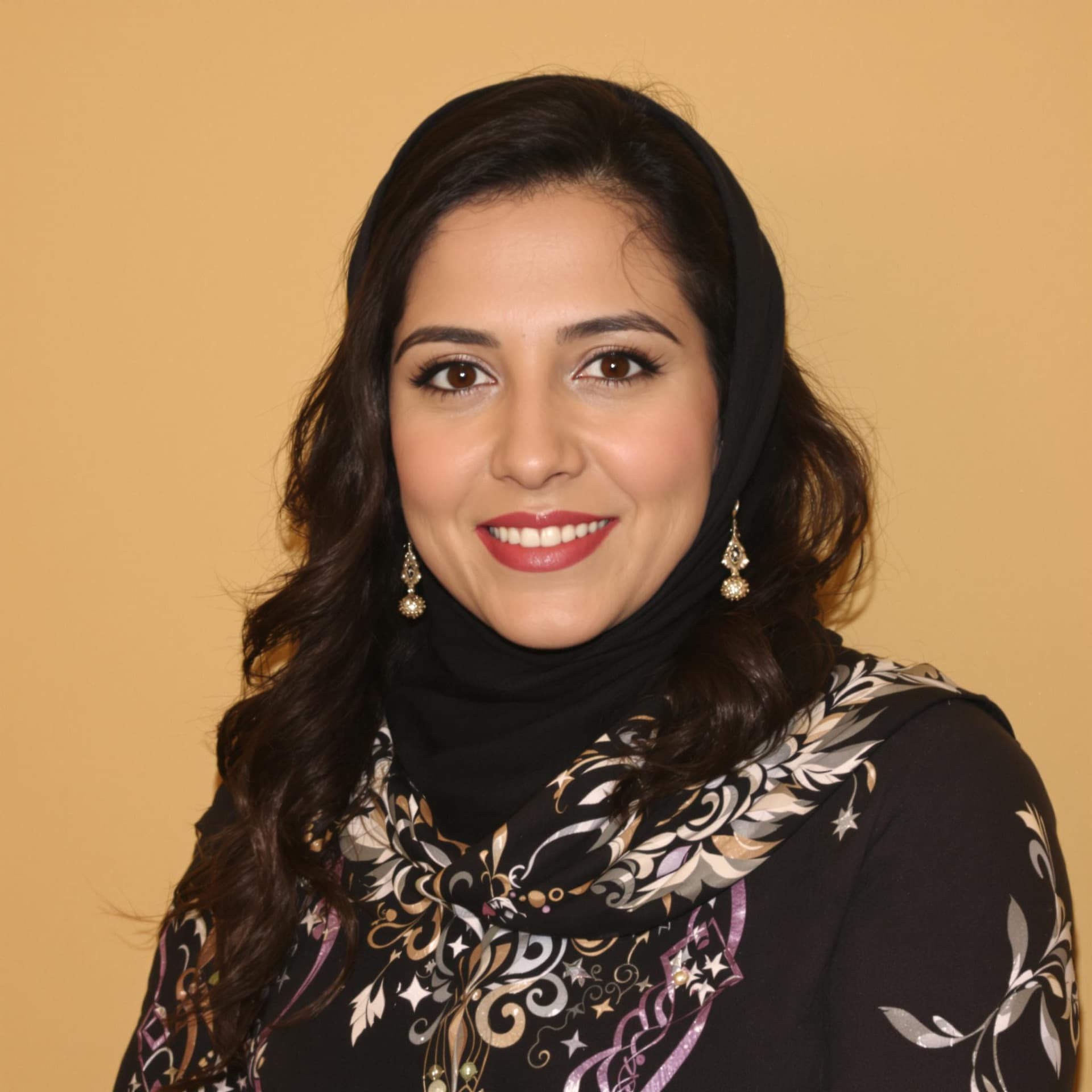 AI generated:  Arab woman 30 posing against a warm beige backdrop.