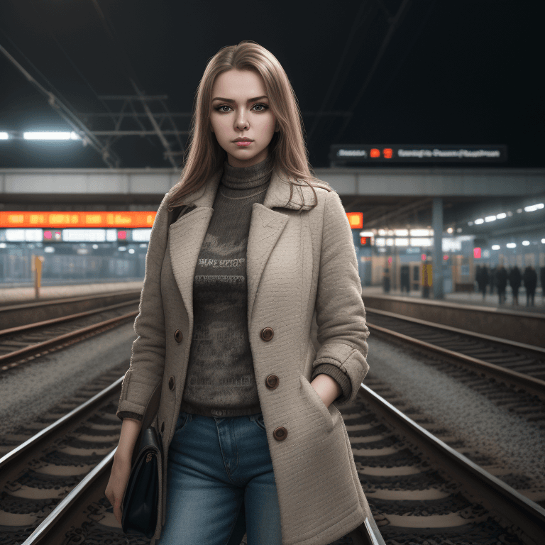 AI generated: Super-Realistic potrait of Nataliya Aleksandrov standing at railway station, worn a detailed texture...